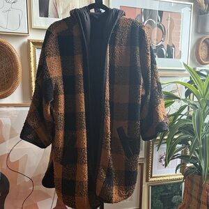 Plaid Hooded Coat in Black and Brown